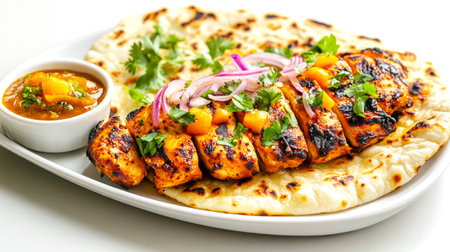 Grilled chicken tikka with mango salsa, red onions, and cilantro served on naan bread with chutney. Concept of Indian cuisine, bold flavors, street food. Perfect for food blogs and restaurant brandingの素材
