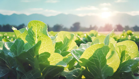 Sunlit lettuce field glowing at sunrise with mountains in background. Concept of lettuce, eco farming, early harvest, local food production, and fresh organic greens for sustainable lifestyle visualsの素材