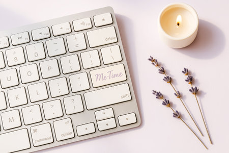 Minimal Keyboard With Me Time Key, Candlelight, And Lavender On Soft Background. Concept For Digital Wellbeing, Work-Life Balance, Mindful Tech Use, Self-Care Rituals, And Calm Productivityの素材