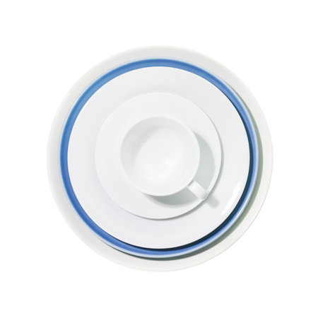 Top View Of Clean White Ceramic Tableware Set With Blue Trim, Isolated On Transparent Background. Concept of fine dining presentation and dishware design. Perfect for restaurant branding and tablewareの写真素材