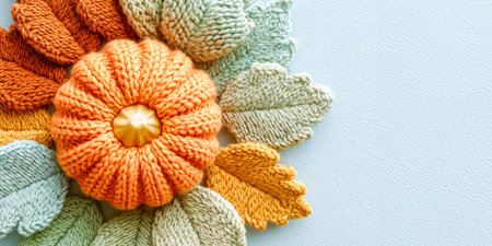 Knitted Pumpkin With Soft Yarn Leaves In Fall Colors On Light Blue Background With Copy Space. Concept Of Cozy Autumn Decor, DIY Craft Trends, And Handmade Seasonal Aesthetic For Home Styling Visualsの素材