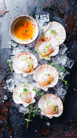 Fresh Scallops On Ice With Spicy Dipping Sauce And Microgreens. Concept Of Seafood Gourmet, Coastal Cuisine, Premium Restaurant Menu, And Cold Raw Appetizers For Culinary Visual Contentの素材