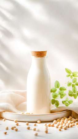 Soy Dairy-Free Milk Bottle With Soybeans On Neutral Background. Concept Of Lactose-Free Milk, Dairy-Free Products, Vegan Nutrition, Plant-Based Protein, And Healthy Visuals For Food Contentの素材