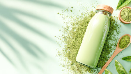 Matcha Plant Milk In Glass Bottle With Powder And Leaves On Green Surface. Concept Of Dairy-Free Milk, Vegan Drinks, Superfood Nutrition, Healthy Alternative Products, And Modern Wellness Lifestyleの素材