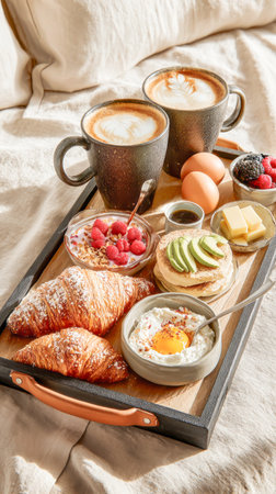 Cozy Hotel Breakfast Tray With Coffee, Croissants, Yogurt And Eggs On Bed. Concept Of Weekend Rituals, Vacation Mornings, Boutique Hospitality, And Comfort Food Visualsの素材