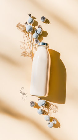 Poppy Dairy-Free Milk Bottle With Dry Herbs On Beige Background With Hard Light Shadows. Concept Of Alternative Dairy products, Trendy Plant-Based Products, And Healthy Food For Eco-Conscious Buyersの素材