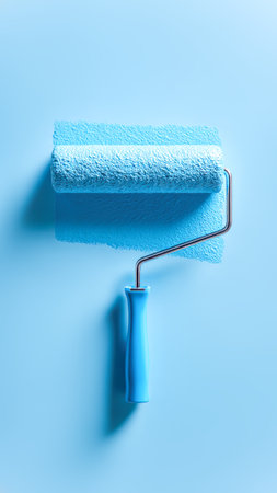 Blue Paint Roller On Monochrome Surface For Interior Renovation Projects, DIY Home Makeover Concepts, Modern Color Trends, And Minimal Aesthetic Visuals In Creative Design Contentの素材