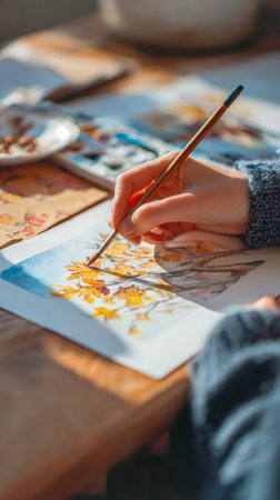 Hand Painting Autumn Leaves With Watercolors At Home Studio In Morning Light For Creative Hobbies, Art Therapy, Cozy Lifestyle Content, And Seasonal DIY Aesthetic Visualsの素材