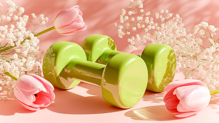 Green Dumbbells With Tulips On Pink Pastel Background For Spring Fitness Motivation, Feminine Wellness Aesthetic, Home Workout Inspiration, And Seasonal Active Lifestyle Visualsの素材