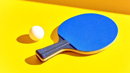 Blue Table Tennis Paddle And Ball On Vibrant Yellow Background For Dynamic Sports Visuals, Urban Game Culture, Youth Recreation Trends, And Bold Minimalist Fitness Conceptsの素材