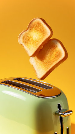 Golden Toast Flying From Retro Toaster On Vibrant Yellow Background For Breakfast Routine Visuals, Morning Energy Concepts, Vintage Kitchen Trends, And Playful Food Styling Contentの素材