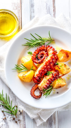 Grilled Octopus With Roasted Potatoes And Rosemary On White Plate For Mediterranean Cuisine Visuals, Gourmet Food Styling Concepts, Coastal Dining Trends, And Summer Menu Designの素材