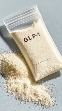 GLP-1 Peptide Powder In Transparent Zip Bag On Minimalist Surface. Concept Of Weight Loss Supplements, Metabolic Health Trends, Modern Pharmacy, And Biohacking For Wellness Industryの素材