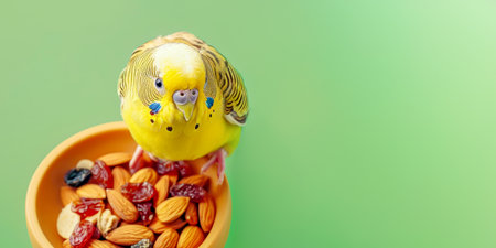 Colorful Budgerigar Sitting On Nut Bowl Against Pastel Green Background. Concept Of Exotic Pet Care, Healthy Bird Nutrition, Domestic Parrot Lifestyle, And Natural Food For Home Birdsの素材