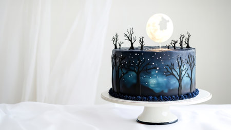 Halloween Themed Cake With Moon Topper And Silhouette Trees On White Stand. Concept Of Artistic Pastry Design, Halloween Celebration Desserts, Creative Holiday Cakes, And Elegant Event Confectioneryの素材