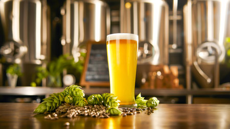 Craft Beer Glass With Fresh Hops And Barley On Wooden Table Against Modern Brewery Tanks. Concept Of Artisanal Brewing, Local Beer Production, Craft Beverage Trends, And Brewery Marketing Visualsの素材