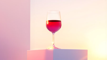 Organic Red Wine Glass On Minimal White Pedestal With Sunset Glow. Concept Of Natural Vineyards, Sustainable Winemaking, Wine Branding, And Eco-Friendly Beverage Industry Trendsの素材