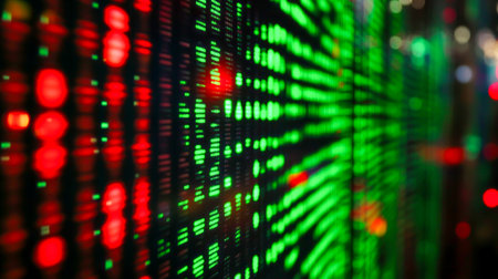 Stock Market Data Screen With Red And Green Digital Numbers In Abstract Blur. Concept Of Financial Trading, Cryptocurrency Analytics, Investment Trends, And Global Economic Market Visualizationの素材