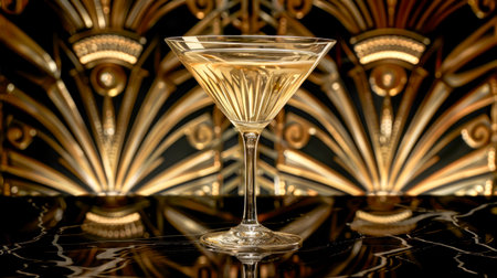 Classic Martini Cocktail In Elegant Glass On Black Marble With Golden Art Deco Backdrop. Concept Of Iconic Cocktails, Premium Bar Culture, Retro Party Style, And Timeless Drink Brandingの素材