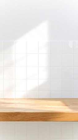 Empty Minimal Bathroom Counter With Wooden Surface And White Tiled Wall. Concept Of Presentation Background, Scene stage showcase for beauty and spa products, cosmetics, promotion sale or advertisingの素材