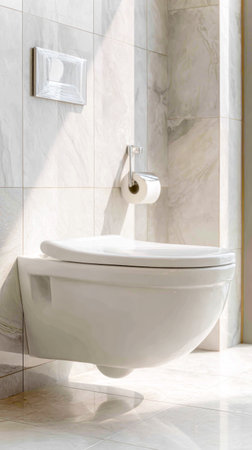 Modern Wall Mounted Toilet In Bright Minimalist Bathroom With Marble Tiles. Concept Of Contemporary Sanitary Design, Space Saving Solutions, Home Renovation, And Hygienic Interior Trendsの素材