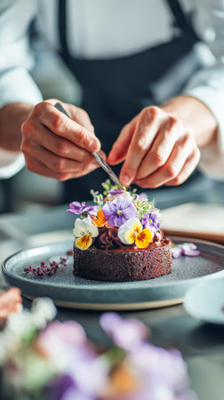 Pastry Chef Decorating Chocolate Dessert With Edible Flowers On Ceramic Plateの素材