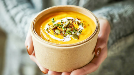 Pumpkin Cream Soup With Seeds And Herbs In Kraft Bowl Held By Handsの素材