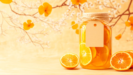 Glass Jar With Orange Jam And Blank Label On Wooden Table Against Floral Spring Backgroundの素材