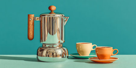 Retro Style Espresso Maker With Wooden Handle And Colorful Cupsの素材
