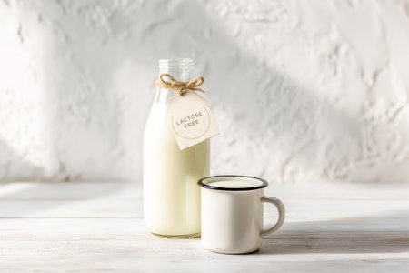 Lactose Free Milk In Clear Glass Bottle With Kraft Tag And Enamel Mugの素材