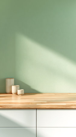 Clean, sustainable wooden kitchen empty countertop for presentationの素材