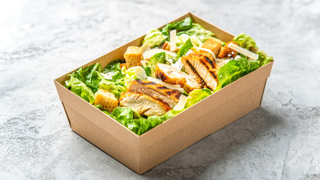 Caesar Salad With Grilled Chicken In Eco Friendly Kraft Box On Light Stone Surface. Concept Of Healthy Takeaway Meals, Sustainable Food Packaging, Modern Nutrition Trends, And Green Lifestyleの素材