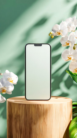 Smartphone Mockup Standing On Wooden Pedestal With White Orchids And Soft Natural Light. Concept Of Eco Friendly Tech Branding, Minimal Product Presentation, Botanical Aesthetics, And Modern UI Designの素材