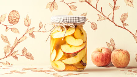 Glass Jar With Apple Slices Fermented In Golden Honey On Rustic Table Against Beige Botanical Wallpaper. Concept Of Natural Fermentation, Autumn Harvest, And Homemade Probiotic Drinksの素材