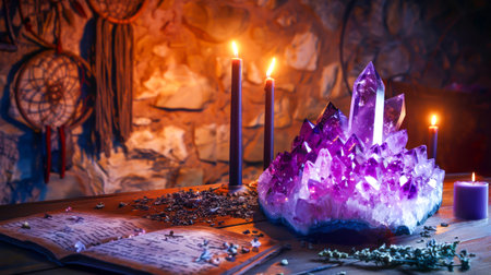 Glowing Amethyst Crystal Cluster With Burning Candles And Open Spellbook On Rustic Wooden Table. Concept Of Mystic Energy, Spiritual Healing Rituals, And Magical Boho Atmosphereの素材