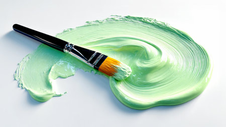 Brush With Fresh Mint Green Paint Spread On Smooth White Surface Under Soft Daylight. Concept Of Color Experimentation, Interior Renovation, And Creative Home Stylingの素材