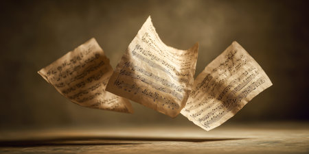Floating vintage sheet music pages in warm dramatic light over rustic surface. Concept of classical compositions, timeless music heritage, concerts and artistic inspirationの素材