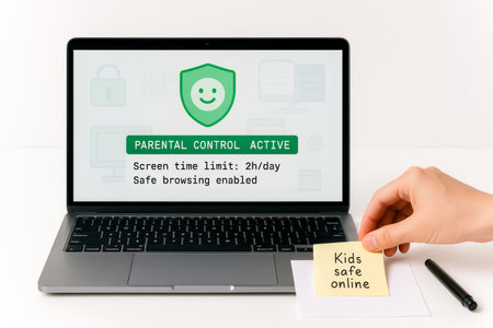 Close-up of hand placing sticky note on desk near open laptop showing green parental control shield icon and settings for safe browsing and screen time limits, emphasizing child online safety conceptの素材