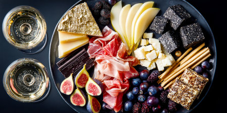 Christmas charcuterie board with assorted cheeses, figs, grapes, pears, cured meats, crackers, and breadsticks with white wine. Concept of festive winter holiday gatherings, and Christmas entertainingの素材