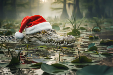 Crocodile Wearing Santa Hat In Swamp With Water Lilies. Concept of Funny Christmas Wildlife, Unusual Holiday Visuals, Creative Festive Design, Seasonal Humor, And Modern Nature Inspired Trendsの素材