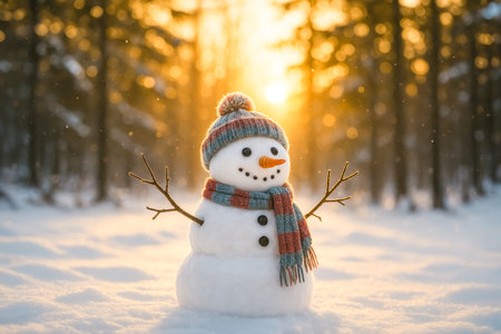 Snowman With Scarf And Hat In Winter Forest At Sunset. Concept of Christmas Holidays, Festive Outdoor Fun, Seasonal Nature Beauty, Winter Wonderland Atmosphere, And Winter Holiday Visualsの素材