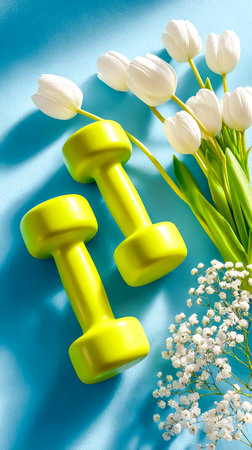 Green Dumbbells With White Tulips On Blue Background. Concept of Healthy Lifestyle, Fitness And Wellness Trends, Balance Between Sport And Beauty, Spring Motivation, And Modern Active Visualsの素材
