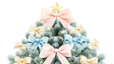 Frosted Christmas Tree With Pastel Satin Bows and Gold Star on White Backgroundの素材
