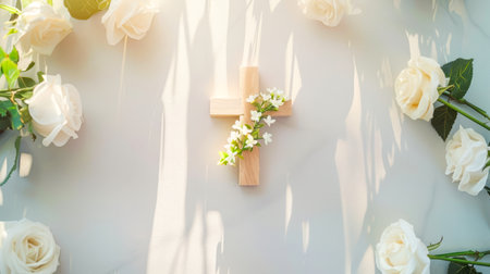 Wooden Christian Cross With White Blossoms Framed By Rosesの素材