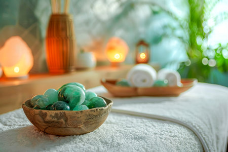 Wellness Background With Spa Stones And Towels On Massage Tableの素材