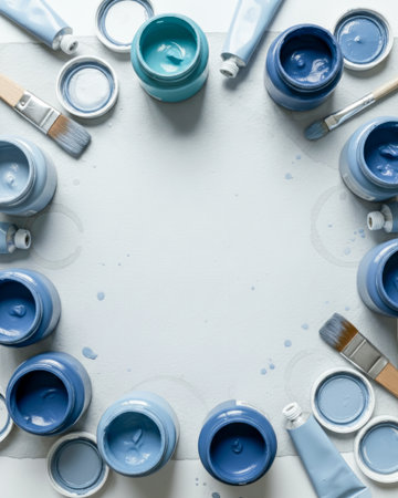Blue Paint Jars And Brushes In Circle Composition On Light Background. Concept Of Creative Process, DIY Painting, Artistic Hobbies, Color Palettes, And Modern Craft Visual Contentの素材