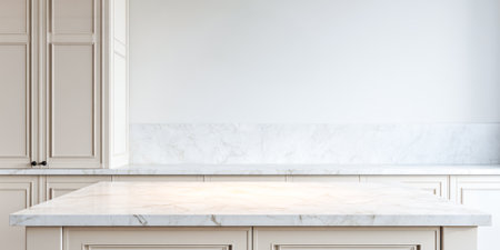 Empty Marble Kitchen Countertop For Presentation In Minimal Interior. Concept Of Product Presentation, Cooking Content Background, Modern Home Design, Clean Food Branding, And Kitchen Styling Visualsの素材