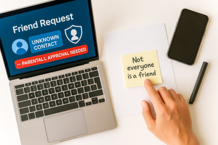 Laptop Screen Showing Friend Request Warning With Note Saying Not Everyone Is A Friend. Concept Of Online Safety, Parental Control, Cybersecurity Awareness, Digital Literacy, And Internet Protectionの素材
