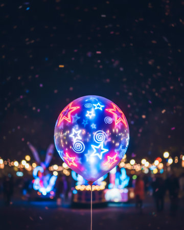 Glowing Balloon With Stars At Night Festival With Lights And Crowd. Concept Of Holiday Celebration, Night Fair Vibes, Family Entertainment, Festive Atmosphere, And Outdoor Event Visualsの素材