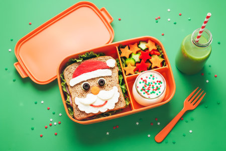 Christmas Lunchbox With Santa Sandwich, Colorful Fruits And Yogurt On Green Background. Concept Of Healthy Kids Meal, Holiday Winter Snack, Creative School Lunch, And Christmas Food Stylingの素材